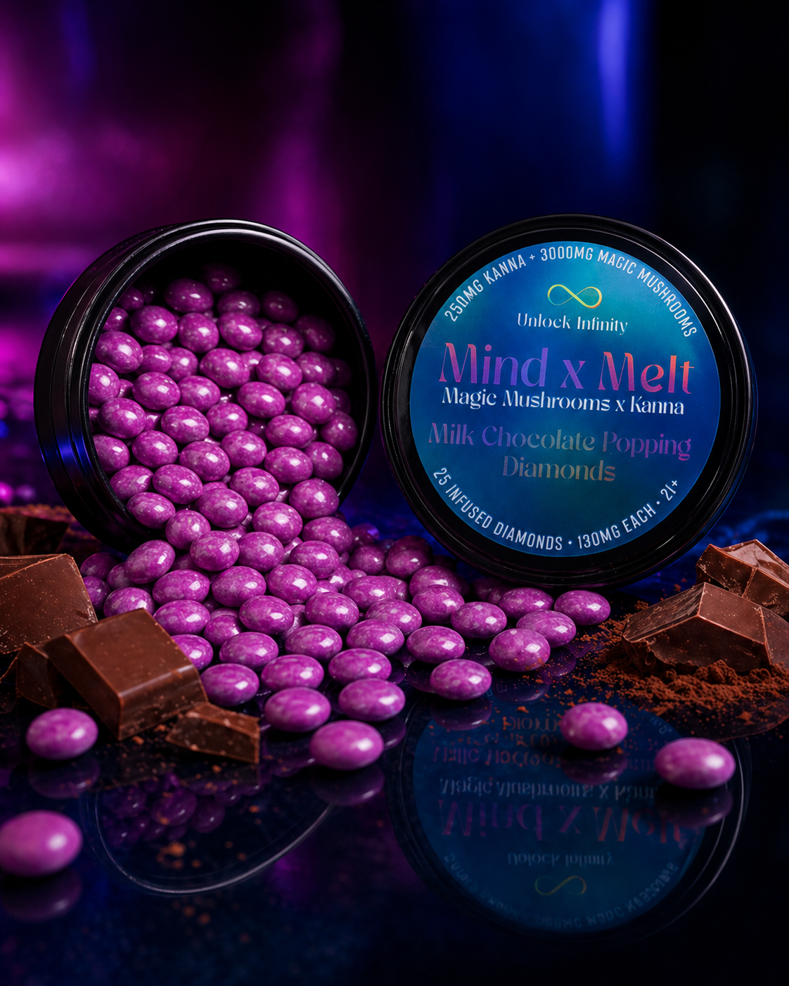 Mind x Melt 25-count container with chocolate chunks, moody lighting