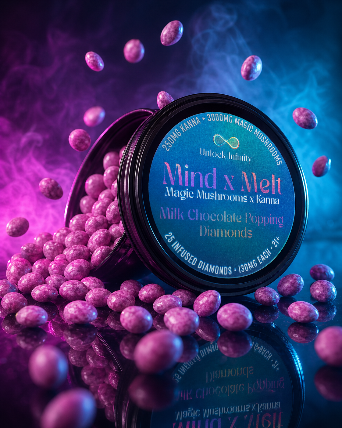 Mind x Melt 25-count Popping Diamonds container with diamonds spilling