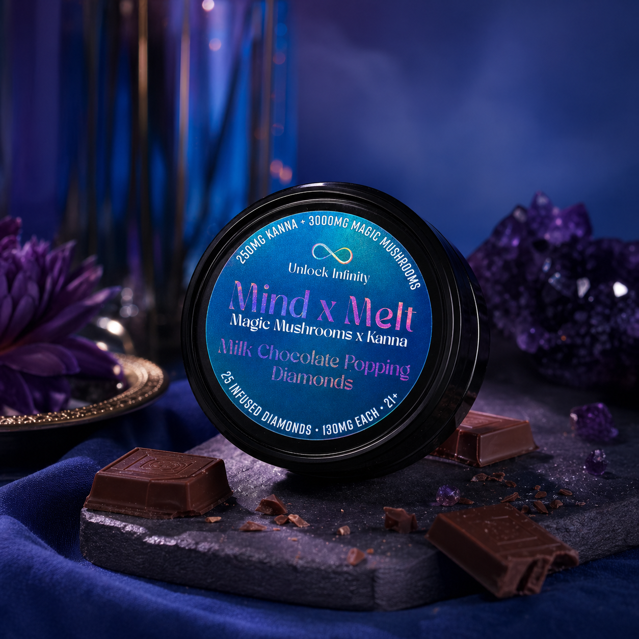 Mind x Melt jar on amethyst velvet — luxe styled