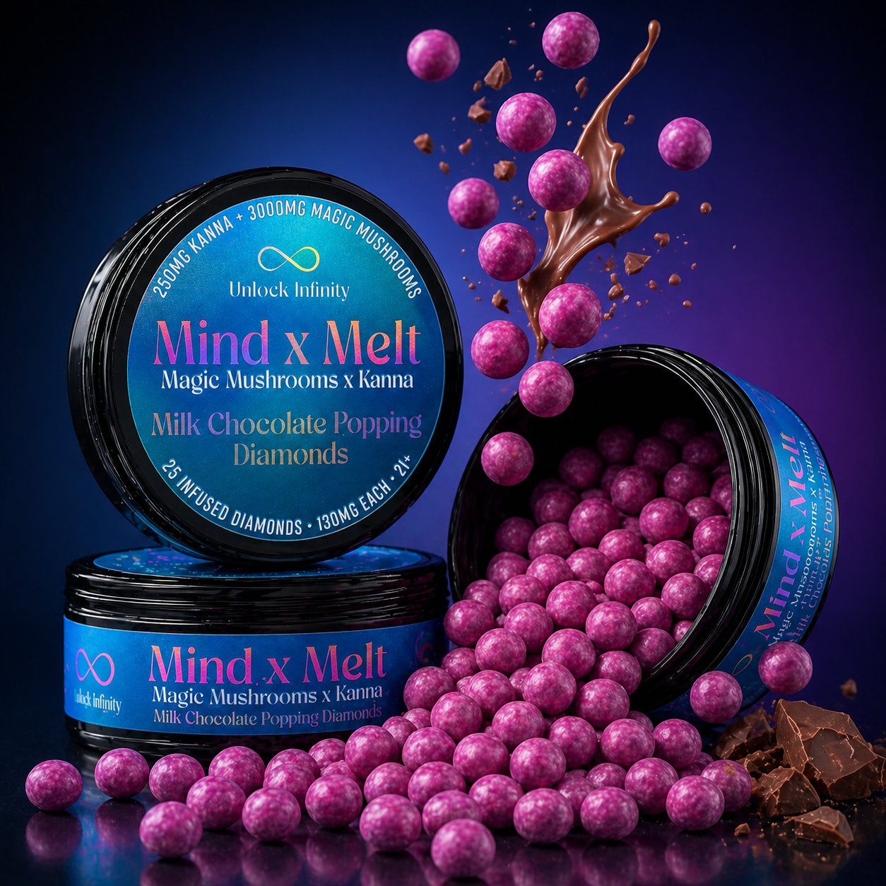 Mind x Melt Popping Diamond surrounded by chocolate splash