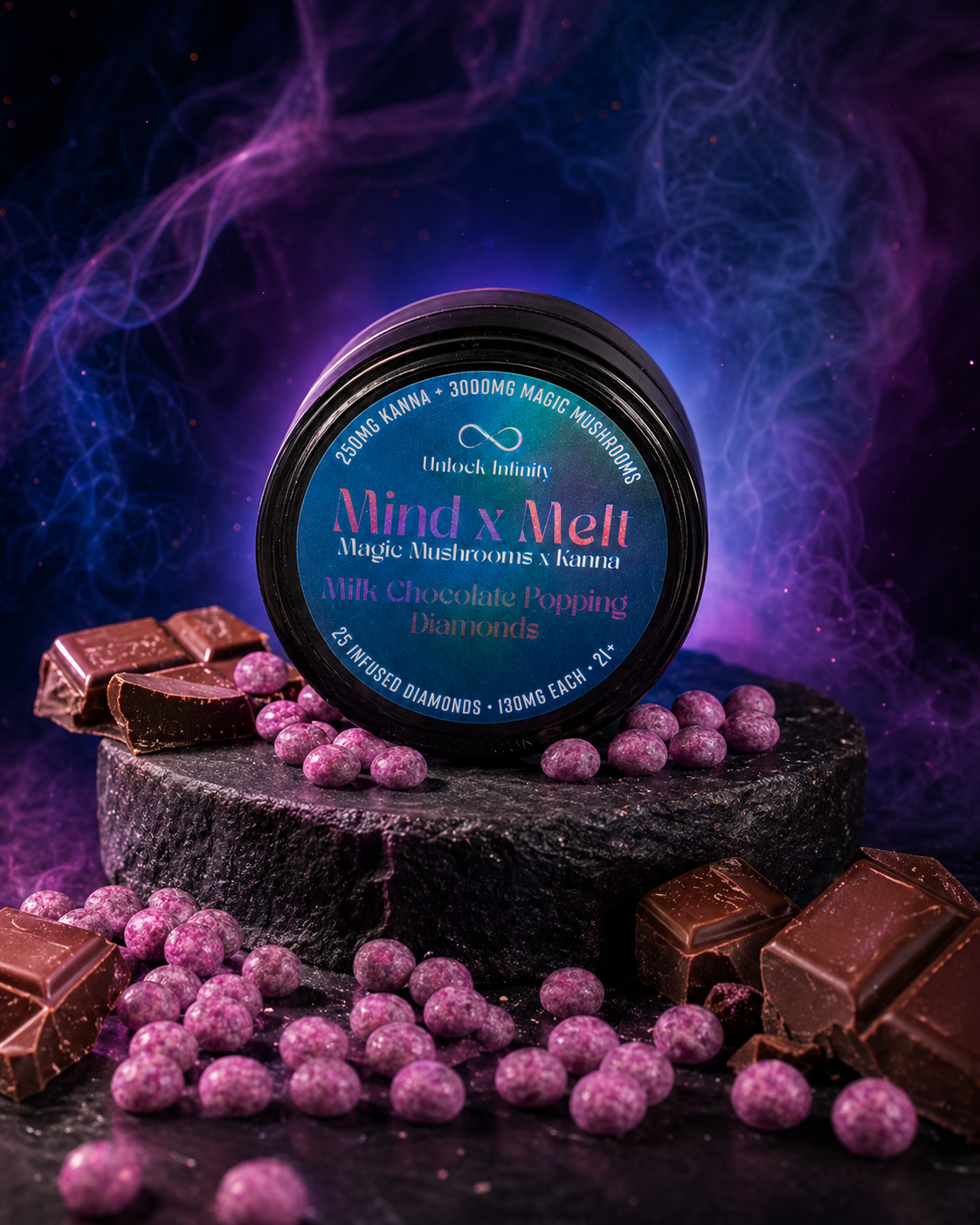 Mind x Melt jar on stone pedestal with smoke