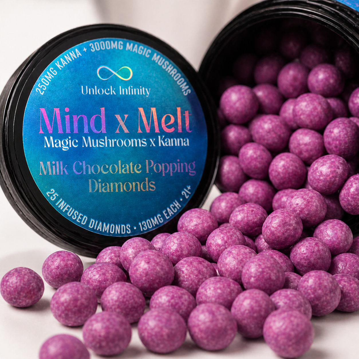 Mind x Melt Popping Diamonds spilling on white seamless